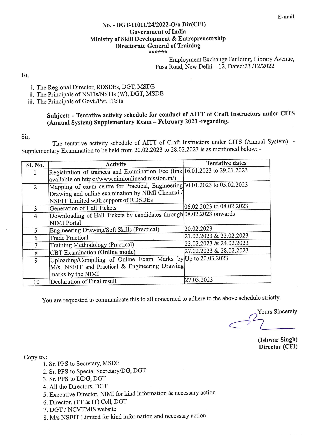 Tentative activity schedule for conduct of AITT of Craft Instructors under CITS (Annual System) Supplementary Exam – February 2023